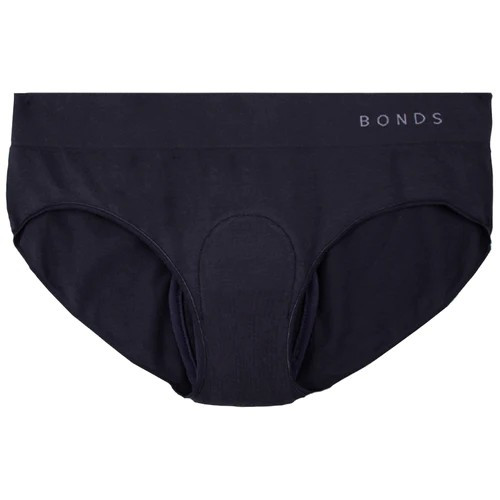 NIGHT N DAY x BONDS branded Women's Comfytails Side Seamfree Midi Brief 100% Cotton w/ absorbent, waterproof pad sewn-in | Size 18 (W88cm, H113cm) | 250ml capacity pad | BLACK