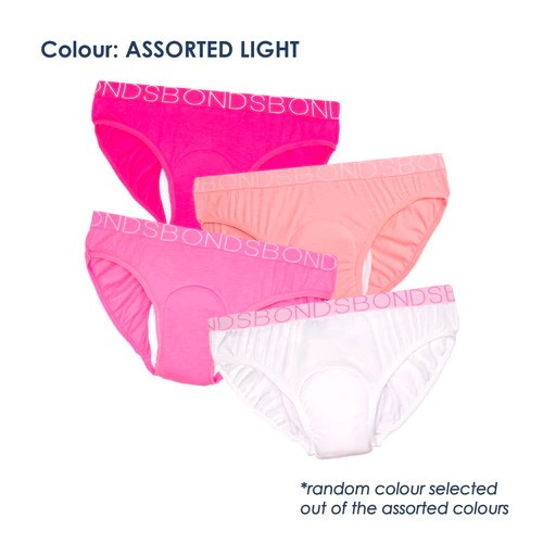 Night N Day Bonds Branded Girl'S Bikini Brief 100% Cotton W/ Absorbent, Waterproof Pad Sewn-In | 6-8Yrs (W57-59Cm) | 100Ml Capacity Pad | Random Assorted Colour, Light, Each