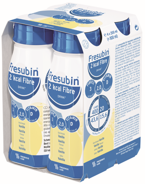 Fresubin 2kcal Fibre DRINK 200mL EasyBottle Vanilla, Pack/4 - This product is currently OOS with the supplier until approx July 2024. Please contact us to discuss alternative products.