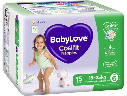 Baby Love Handy Pack Nappies Junior, Size 6, 15-25Kg, Pack/15 (Sold as a pack can be purchased as a carton of 4 packs)