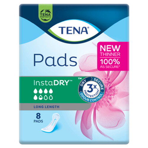 "TENA Pads InstaDRY Long Length, Pack/8 (Sold as pack, can be purchased as a carton of 6 packs) (Old Code TN760644)"