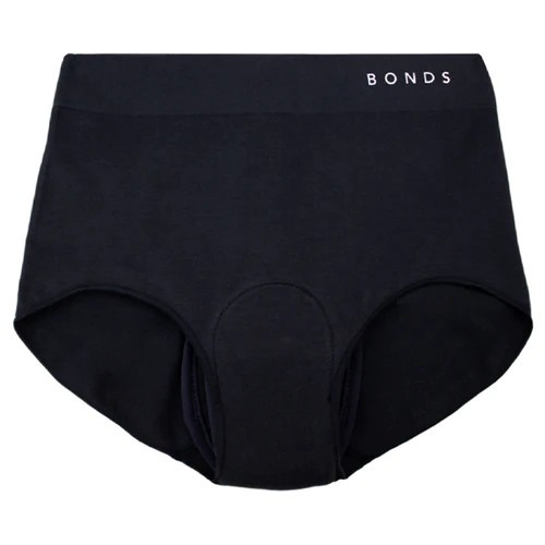 NIGHT N DAY x BONDS branded Women's Comfytails Side Seamfree Full Brief 100% Cotton w/ absorbent, waterproof pad sewn-in | Size 16 (W83cm, H108cm) | 250ml capacity pad | BLACK, EACH