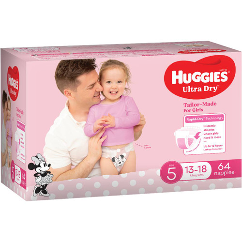 Huggies Ultra Dry Nappies Girl Size 5 (13-18kg), Jumbo Pack/64