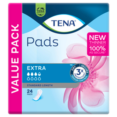 TENA Pads Extra Standard Length, Pk24 (sold as a pack, can be purchased as a carton of 12 packs)