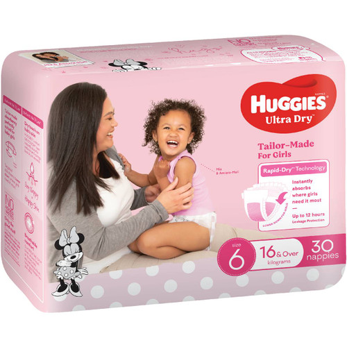Huggies Ultra Dry Nappies Junior Girls Size 6 (16kg+), Pack/30