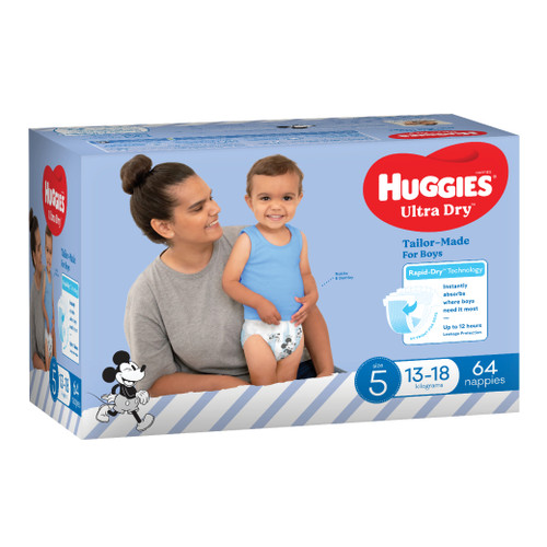 Huggies Ultra Dry Nappies Boy Size 5 (13-18Kg), Jumbo Pack/64