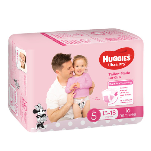 Huggies Ultra Dry Girls Size 5, 13-18kg, Pack/16