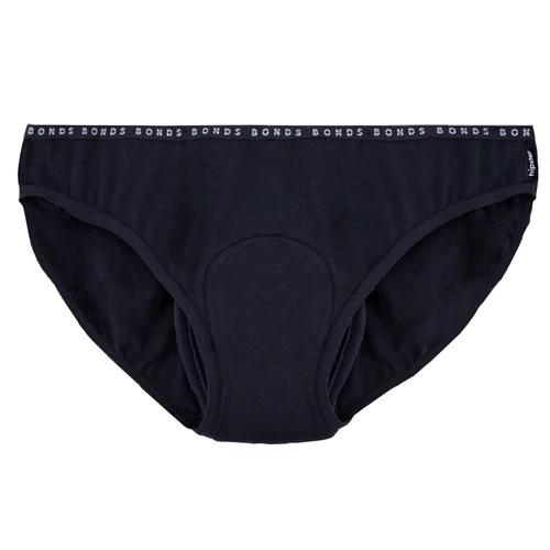 NIGHT N DAY x BONDS branded Women's Bikini Brief 100% Cotton w/ absorbent, waterproof pad sewn-in | Size 18 (W88cm, H113cm) | 250ml capacity pad | BLACK