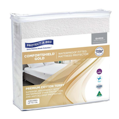 Protect-A-Bed Comfortshield Gold Cotton Terry Towelling W/Proof Fitted Mattress Protector King Single, Each