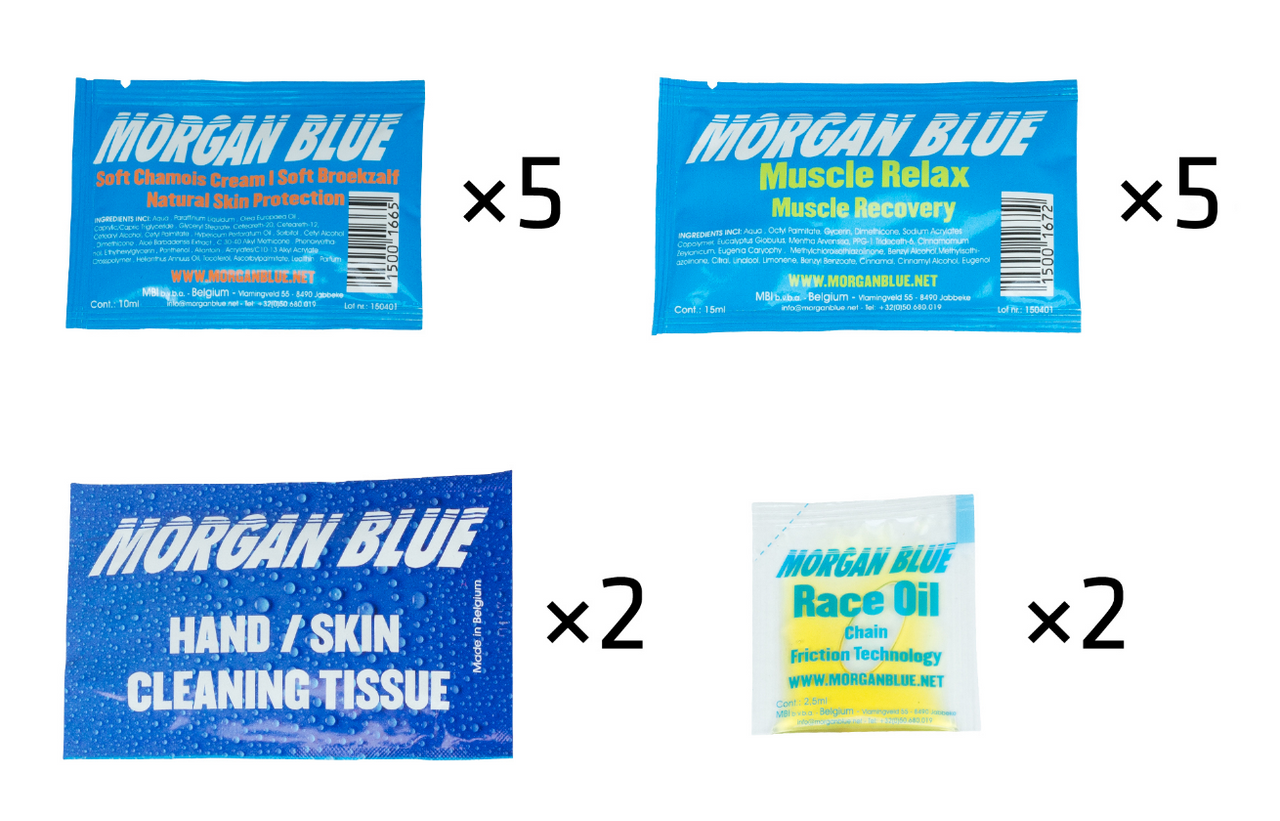 Moragn Blue Travel Kit - Race Oil / Chamois Cream/ Muscle Relax / Cleaning Wipes