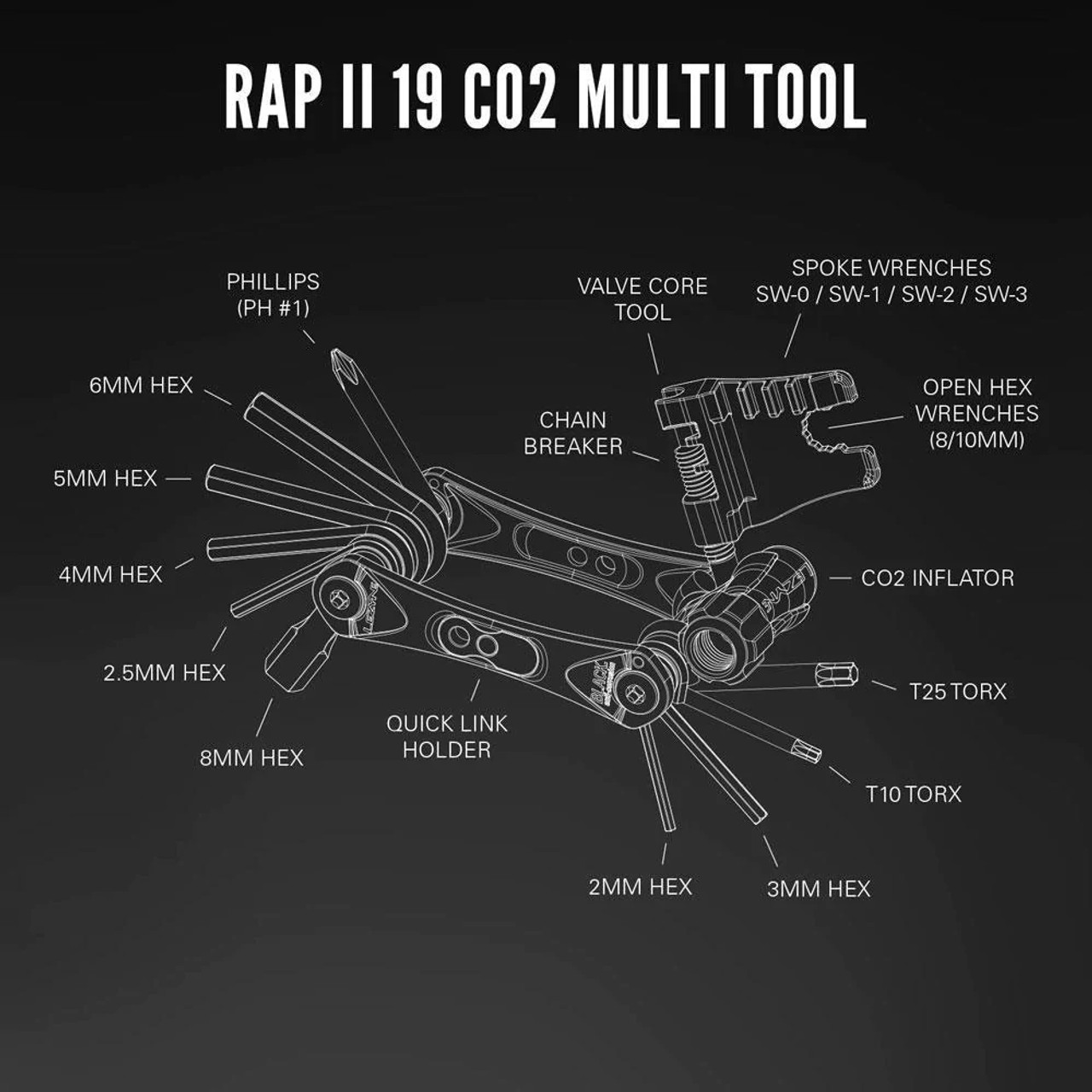 Lezyne Rap ii 19 Co2 Compact Multi Tool  With Co2 Inflator In Black For All Bikes