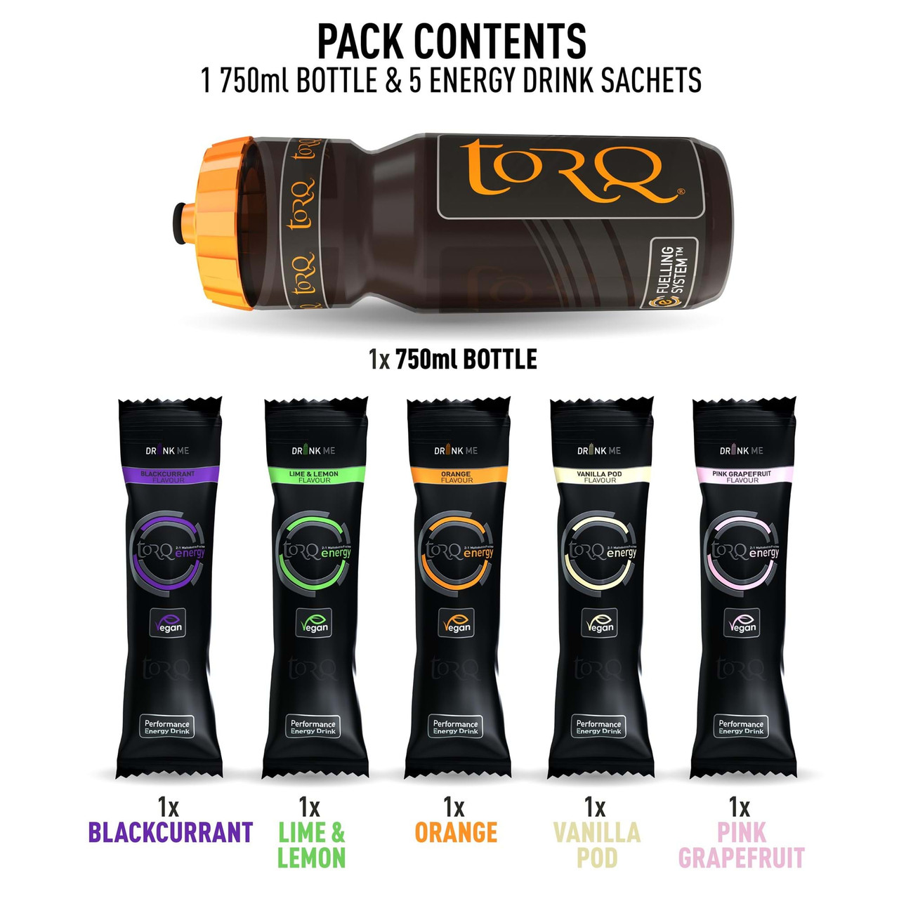 TORQ Energy Bottle Pack 750ml Bottle With 5x Sachets Mixed Flavours