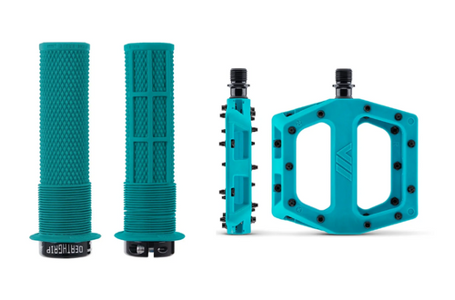 DMR V11 Pedals & Flanged Brendog Deathgrip Handlebar Grips Bundle In Turquoise