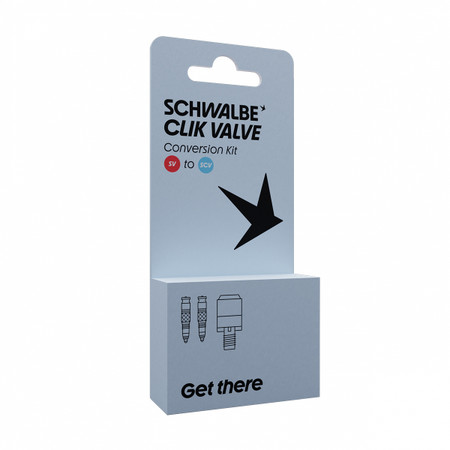 Schwalbe Clik Valve Presta to Schrader Conversion Kit Includes Valves with Pump Head Adaptor Schwalbe Clik Valve Presta to Schrader Conversion Kit Includes Valves with Pump Head Adaptor