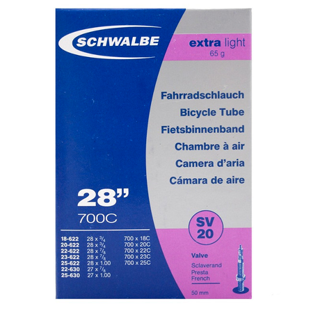 Schwalbe SV20 Extralight Inner Tube - 700 x 18/25 - 50mm Presta Valve Schwalbe SV20 Extralight Inner Tube - 700 x 18/25 - 50mm Presta Valve