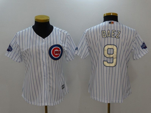 Chicago Cubs Javier Baez #9 White Stripes 2016 Cubs Championship Gold Edition Jersey
