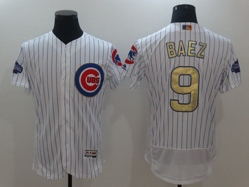 Chicago Cubs Javier Baez #9 White Stripes 2016 Cubs Championship Gold Edition Jersey