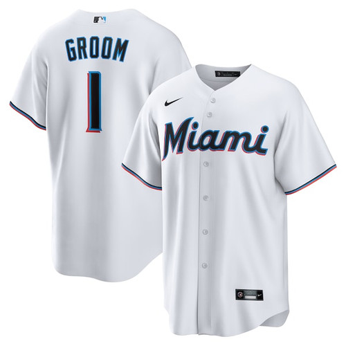 Men's Miami Marlins  Nike White #1 Groom Home Replica Jersey