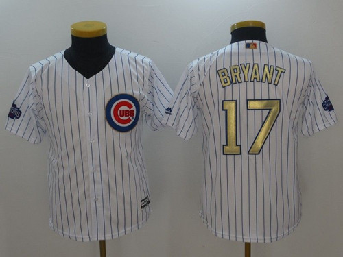 Chicago Cubs Kris Bryant #17 White Stripes 2016 Cubs Championship Gold Edition Jersey