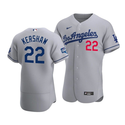 Men'S Los Angeles Dodgers Clayton Kershaw #22 2020 World Series Champions  Road Jersey Gray