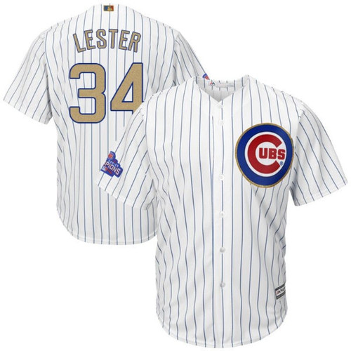 Chicago Cubs Jon Lester #34 White Stripes 2016 Cubs Championship Gold Edition Jersey