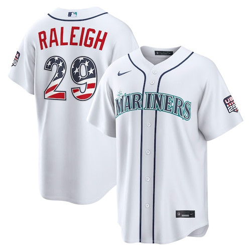 Men's Seattle Mariners Cal Raleigh Nike White USA 250 Fourth of July Home Stadium Jersey
