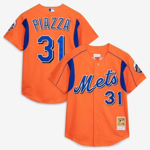 Men's New York Mets Mike Piazza Mitchell & Ness Orange Cooperstown Collection Mesh Batting Practice Button-Up Jersey