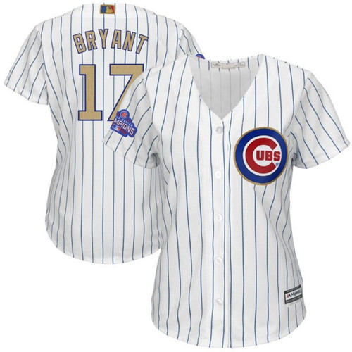Chicago Cubs Kris Bryant #17 White Stripes 2016 Cubs Championship Gold Edition Women Jersey
