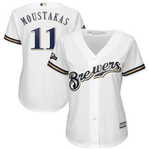 Mike Moustakas Milwaukee Brewers Majestic Womens 2021 Postseason Cool Base Player Jersey White