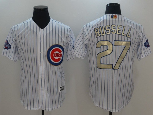 Chicago Cubs Addison Russell #27 White Stripes 2016 Cubs Championship Gold Edition Jersey