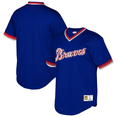 MenS Atlanta Braves Mitchell & Ness Royal Cooperstown Collection Mesh Wordmark V-Neck Baseball Jersey Mlb Baseball Jersey1112