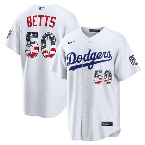 Men's Los Angeles Dodgers Mookie Betts Nike White USA 250 Fourth of July Home Stadium Jersey