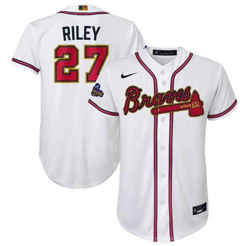 Nike Replica Replica Replica Austin Riley Atlanta Braves  White 2022 Gold Program Replica Player Jersey