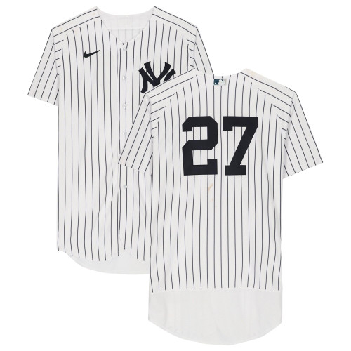Giancarlo Stanton New York Yankees Fanatics  Game-Used #27 White Pinstripe Jersey vs. Oakland Athletics on June 29, 2022 - 1-3, HR, 3 RBI, R