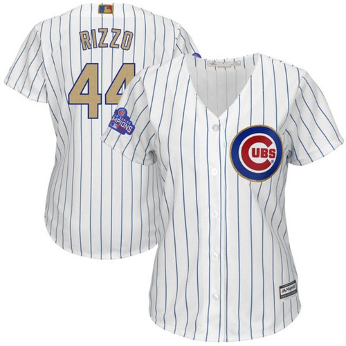 Chicago Cubs Anthony Rizzo #44 White Stripes 2016 Cubs Championship Gold Edition Women Jersey