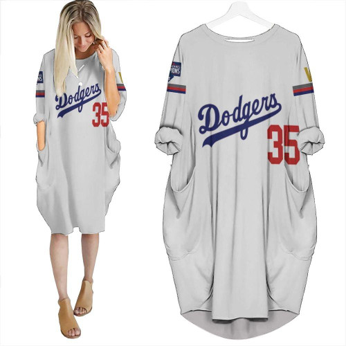 Los Angeles Dodgers Bellinger 35 2020 Championship Golden Edition White Jersey Inspired Style Batwing Pocket Dress
