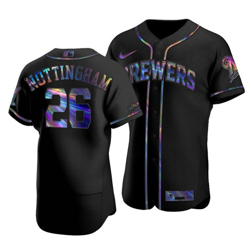 Men'S Milwaukee Brewers Jacob Nottingham #26 Iridescent Logo Holographic Limited Jersey Black
