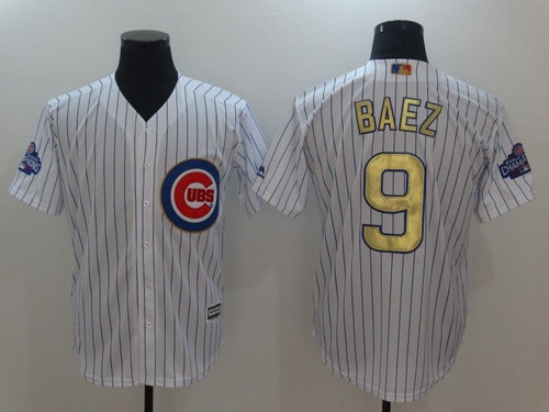 Chicago Cubs Javier Baez #9 White Stripes 2016 Cubs Championship Gold Edition Jersey