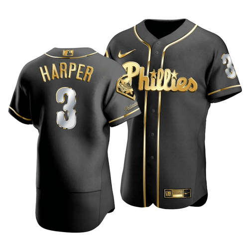 Men'S Philadelphia Phillies Bryce Harper #3 Golden Edition Black  Jersey