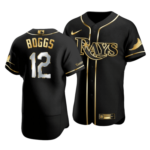 Men'S Tampa Bay Rays Wade Boggs #12 Gold Edition Black  Jersey