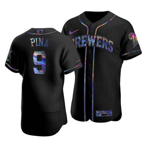 Men'S Milwaukee Brewers Manny Pina #9 Iridescent Logo Holographic Limited Jersey Black