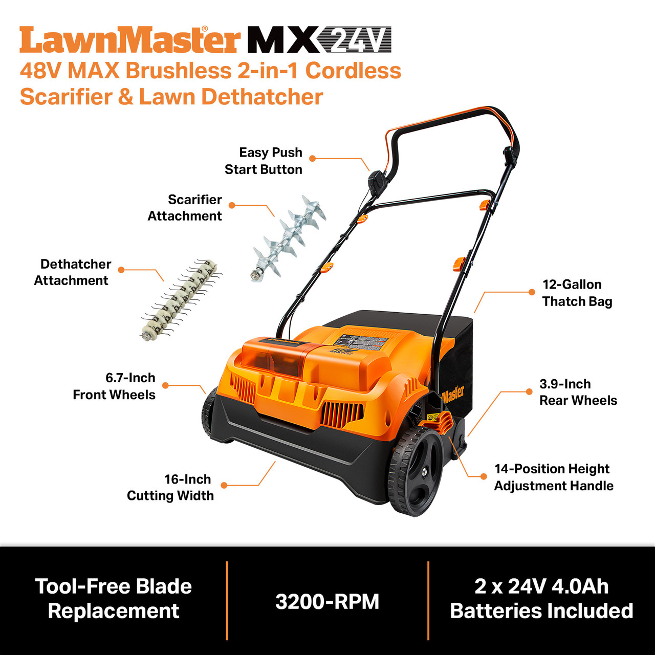 LawnMaster 48V MAX Brushless 16” Cordless Scarifier & Dethatcher