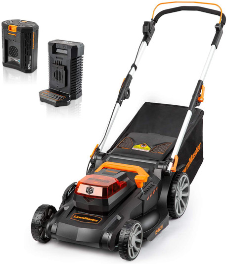 White and orange lawn mower on white background, showing that it includes a battery and charger