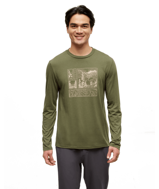 Men's Topography Stamp Longsleeve - Deep Olive/Birchwood