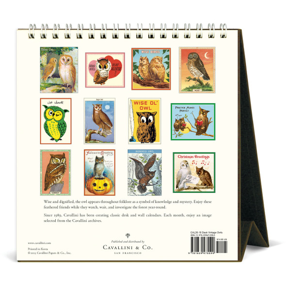 Cavallini 2026 Desk Calendar, Vintage Owls