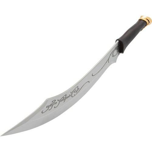 Elven Knife Of Strider Aragorn Immerse yourself in the world of Middle Earth with this FAST CUTLERY exquisite blade engraved with Sindarin script, a replica of the scabbard, leather wrapping, and solid metal fittings included. Each knife comes with a wood wall display and a Certificate of Authenticity, making Elven Knife Of Strider Aragorn a must-have for any fan of the Lord of the Rings trilogy. Presented by New Line Cinema, this reproduction of an actual filming prop is boxed and measures 19.63" (49.86cm) overall with a 14.75" (37.47cm) stainless blade and metal alloy pommel. Don't miss the chance to own a piece of cinematic history! Elven Knife Of Strider Aragorn