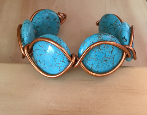 Copper Turquoise color Magnesite Gemstone Wire Wrapped Cuff Bracelet