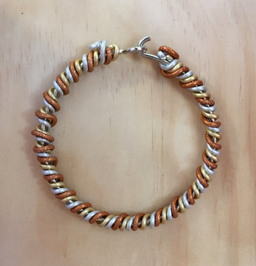 Tri Color Silver and  Gold Color Smooth with Copper Color Round Texture Wire Bracelet