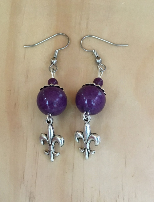 Purple and Silver Fleur De Lis Earrings