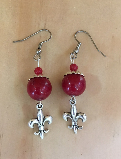 Red and Silver Fleur De Lis Earrings